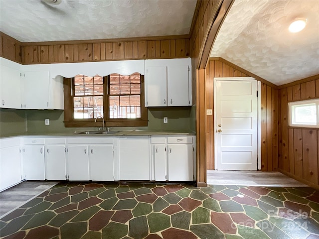 kitchen with lofted ceiling, dark hardwood / wood-style floors, white cabinets, and wooden walls