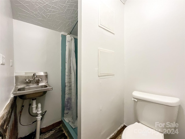 bathroom with sink, a shower with shower curtain, and toilet