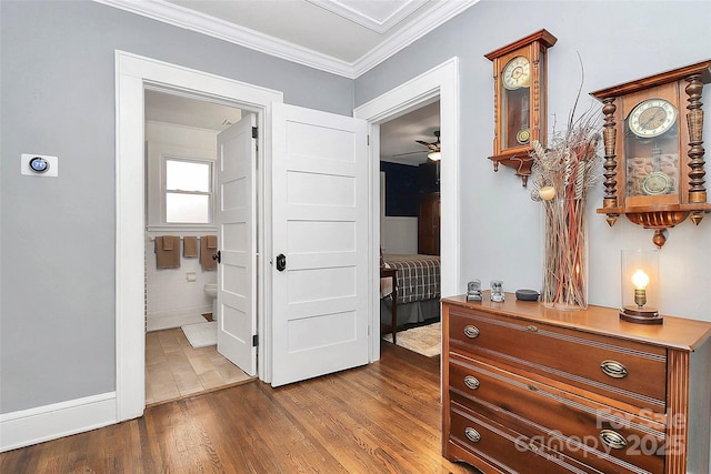 hall featuring wood-type flooring and ornamental molding