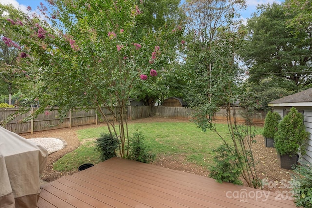 wooden deck with a lawn and area for grilling