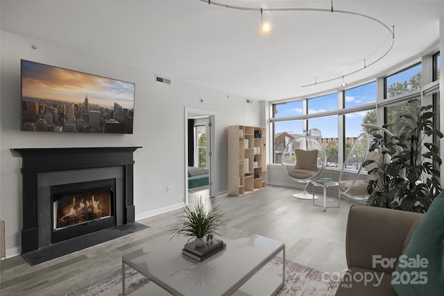 living room featuring track lighting, hardwood / wood-style floors, and plenty of natural light