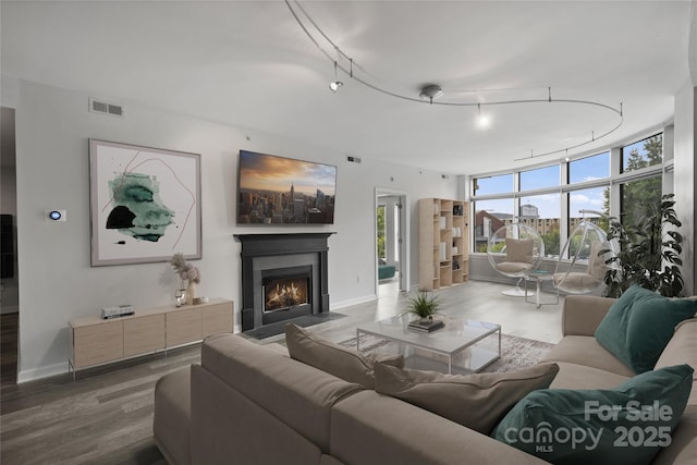 living room featuring track lighting and hardwood / wood-style floors