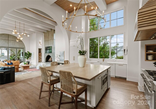 kitchen featuring a high ceiling, light hardwood / wood-style floors, a notable chandelier, and a healthy amount of sunlight