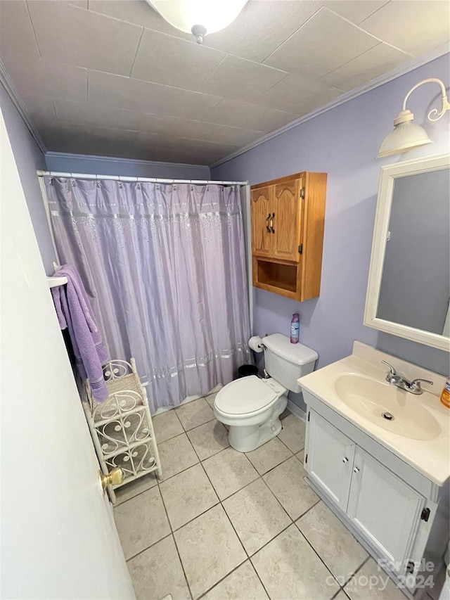 bathroom with vanity, a shower with shower curtain, ornamental molding, toilet, and tile patterned floors