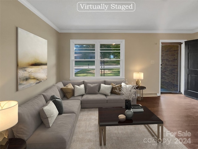 living area with ornamental molding and wood finished floors