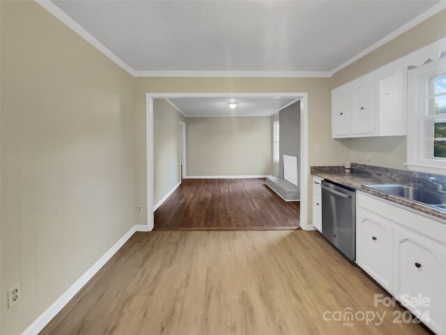 kitchen featuring dishwasher, ornamental molding, light hardwood / wood-style flooring, and white cabinets