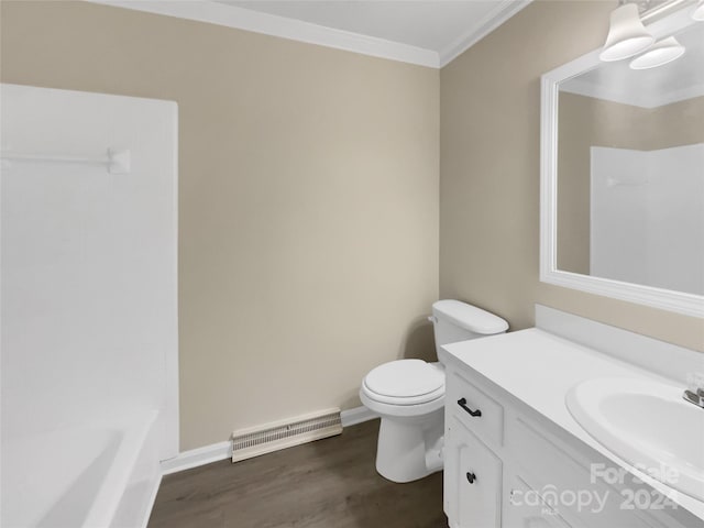 bathroom with crown molding, vanity, toilet, and wood-type flooring