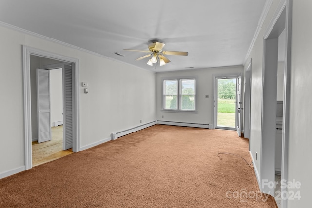 spare room featuring a baseboard heating unit, ceiling fan, light colored carpet, and ornamental molding