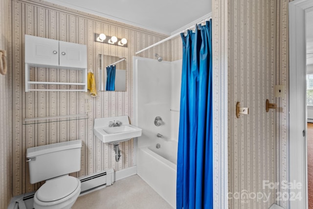 full bathroom with a baseboard heating unit, shower / bath combination with curtain, toilet, and crown molding