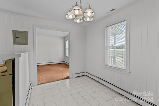 unfurnished dining area featuring a baseboard heating unit, an inviting chandelier, light carpet, and electric panel