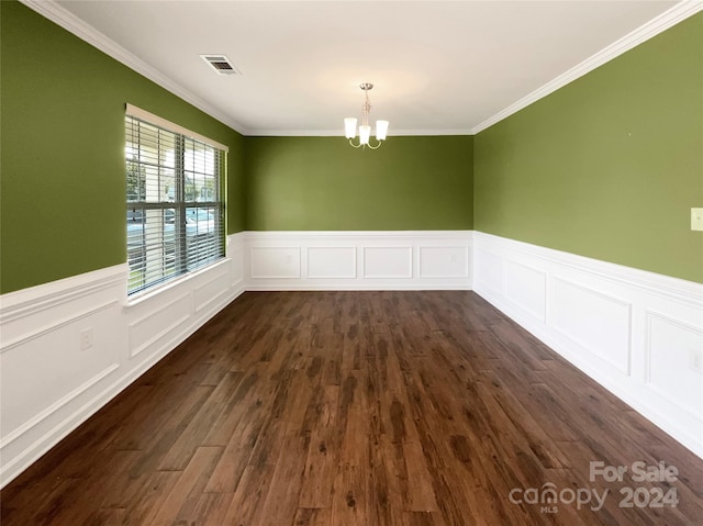 interior space featuring crown molding, dark wood finished floors, visible vents, and a notable chandelier