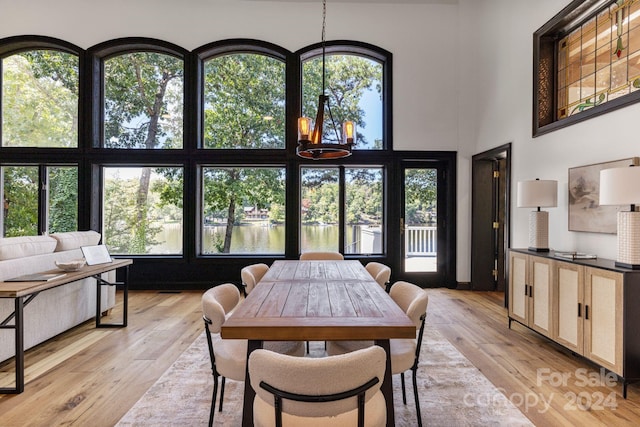 dining area featuring light hardwood / wood-style flooring, a high ceiling, a water view, and a wealth of natural light