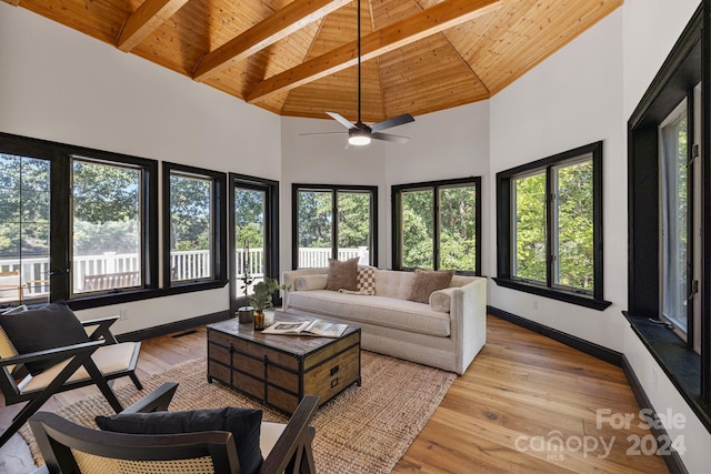 living room featuring ceiling fan, beam ceiling, high vaulted ceiling, wooden ceiling, and light hardwood / wood-style floors