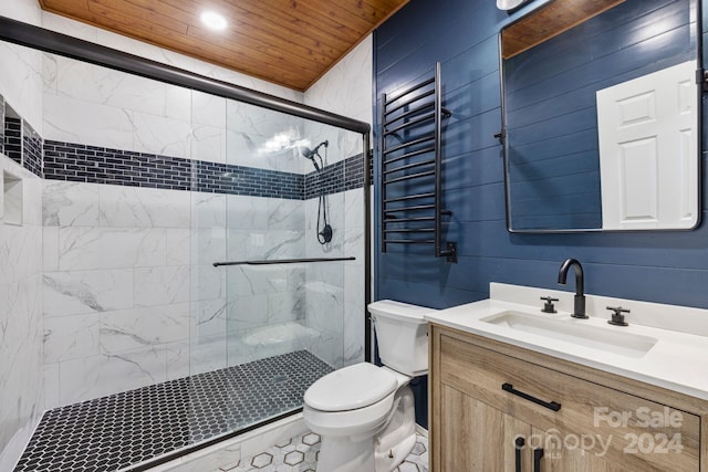 bathroom featuring walk in shower, wood ceiling, vanity, and toilet