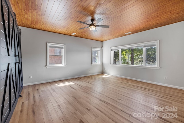 empty room featuring wood ceiling, light wood-type flooring, ceiling fan, and plenty of natural light