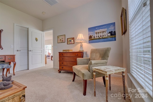 living area with carpet