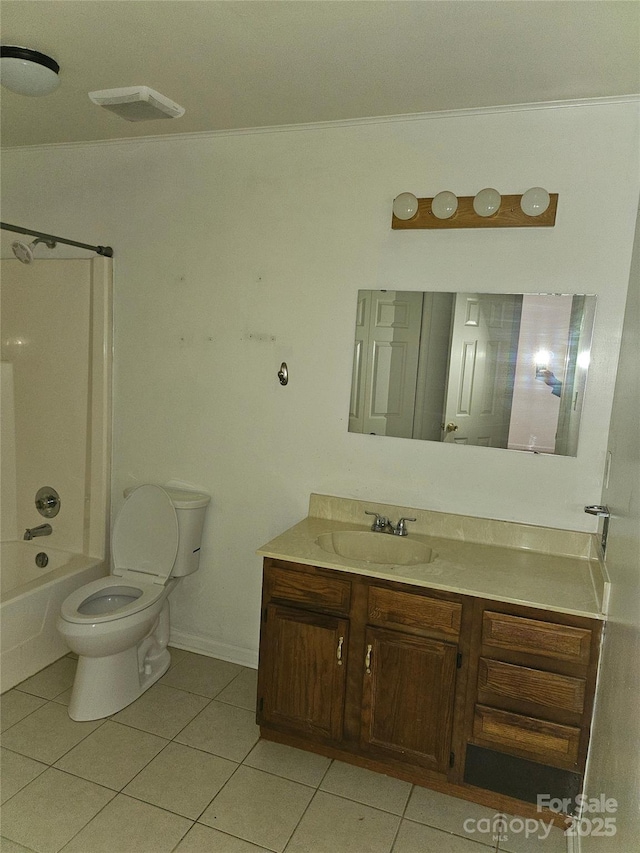 full bathroom with tub / shower combination, tile patterned flooring, vanity, ornamental molding, and toilet