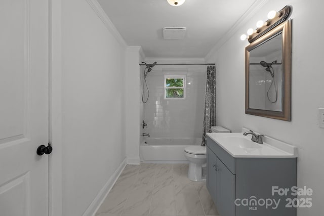 full bathroom with crown molding, shower / bath combo with shower curtain, vanity, and toilet