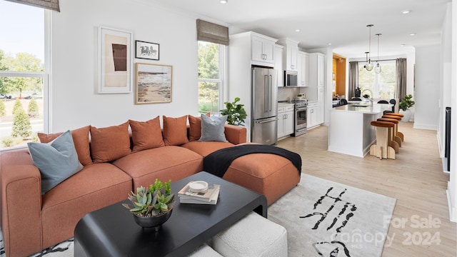 living room with a wealth of natural light, sink, and light hardwood / wood-style floors