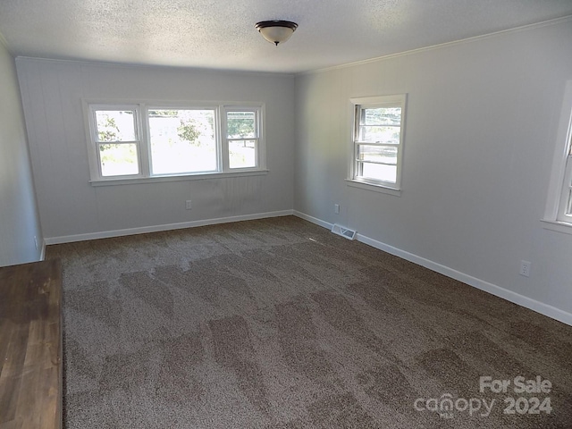 unfurnished room featuring a textured ceiling, crown molding, and carpet floors