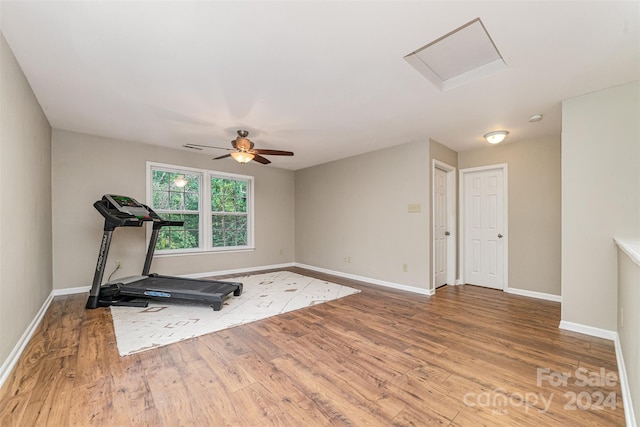 workout room with ceiling fan and hardwood / wood-style flooring