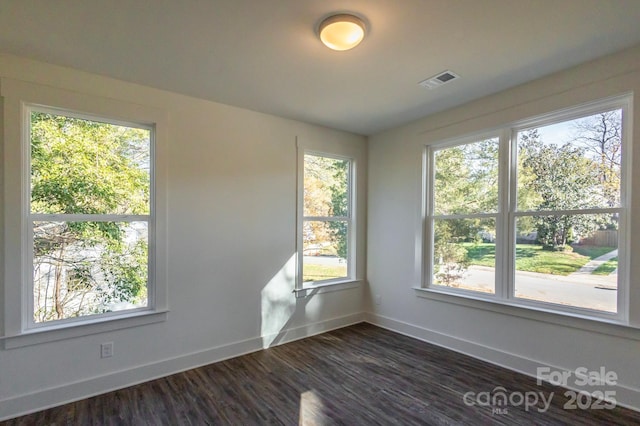 unfurnished room featuring a healthy amount of sunlight and dark wood-type flooring