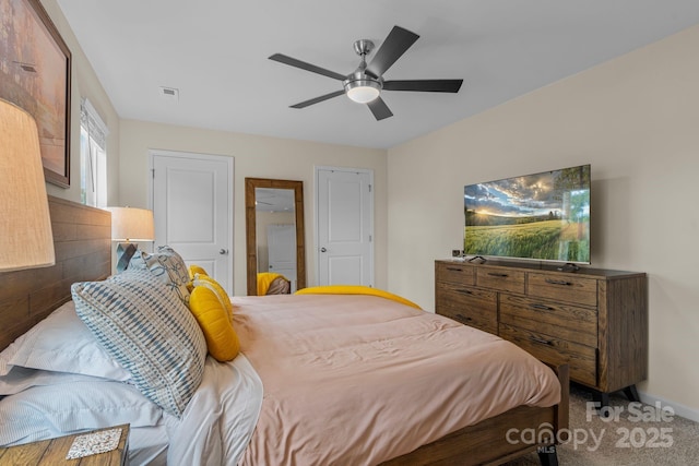 bedroom featuring carpet flooring and ceiling fan