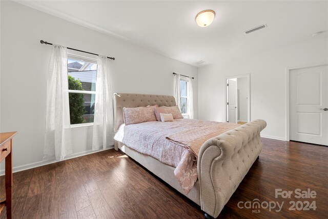 bedroom featuring multiple windows and dark wood-type flooring