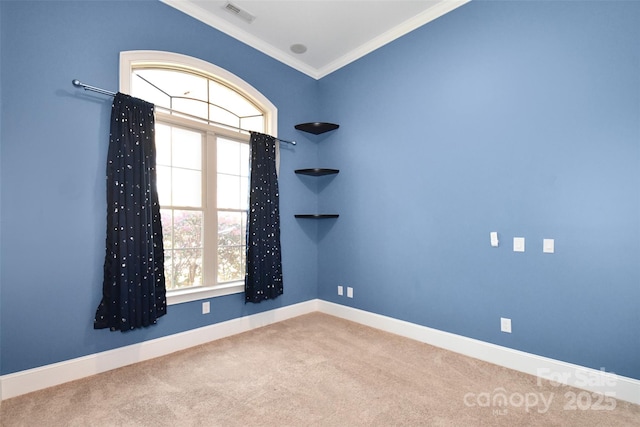 carpeted spare room with ornamental molding