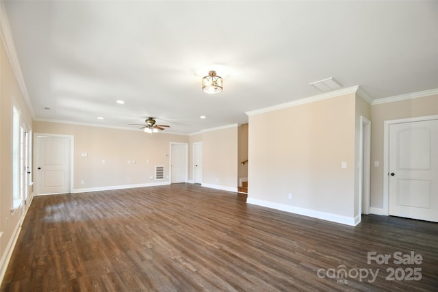 unfurnished room with dark hardwood / wood-style floors, ceiling fan, and ornamental molding