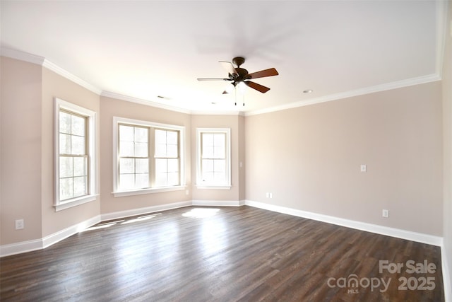 empty room with dark hardwood / wood-style flooring, ceiling fan, and ornamental molding