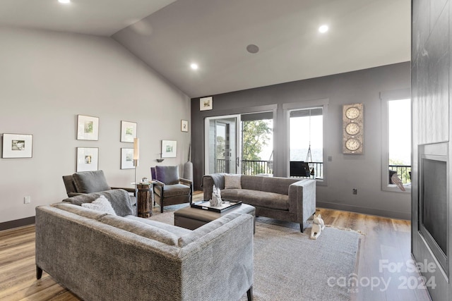 living room featuring lofted ceiling, hardwood / wood-style flooring, and plenty of natural light