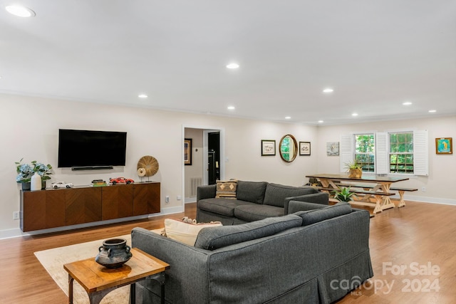 living room featuring light wood-type flooring and ornamental molding