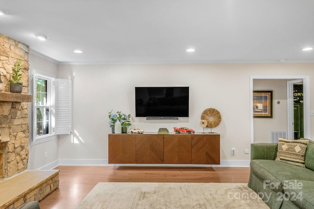 living room with wood-type flooring, crown molding, and a stone fireplace