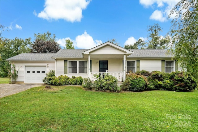 ranch-style home with a front lawn, a garage, and a porch