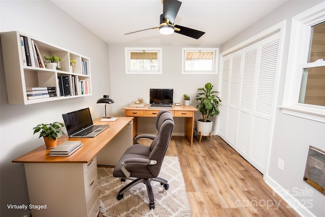 office space with ceiling fan, light hardwood / wood-style floors, and heating unit