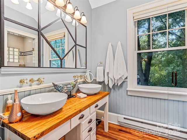 bathroom with vanity, baseboard heating, and hardwood / wood-style flooring