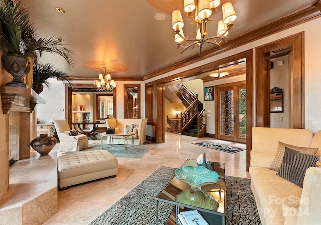 living room featuring an inviting chandelier and crown molding