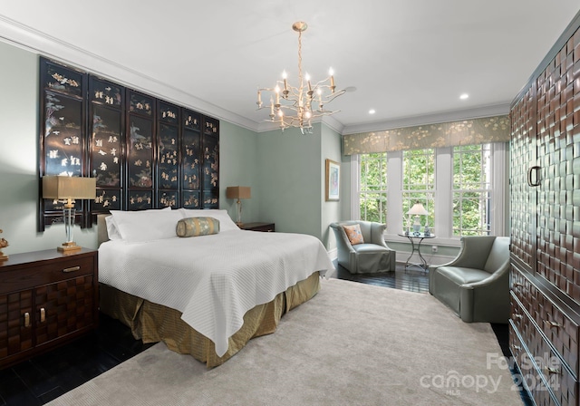 carpeted bedroom featuring ornamental molding and a chandelier