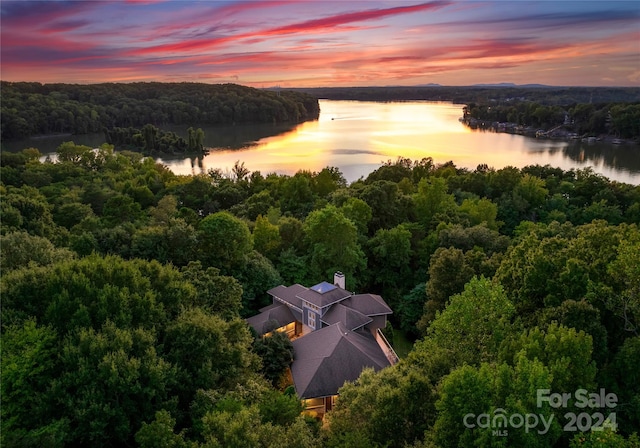 aerial view at dusk with a water view