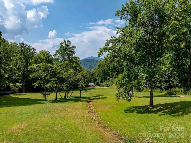 exterior space featuring a mountain view and a lawn