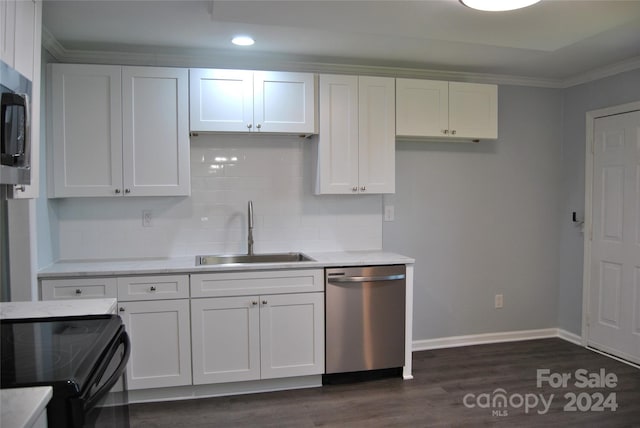 kitchen with white cabinetry, tasteful backsplash, dishwasher, sink, and dark hardwood / wood-style floors