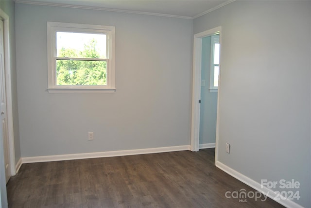 unfurnished room featuring dark wood-type flooring, a healthy amount of sunlight, crown molding, and baseboards