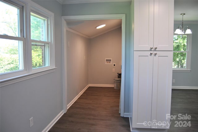 hallway featuring crown molding, dark hardwood / wood-style flooring, and a notable chandelier