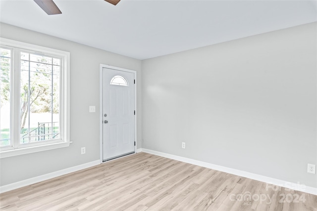 entrance foyer with baseboards, a wealth of natural light, a ceiling fan, and light wood-type flooring