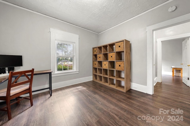 office featuring a textured ceiling and dark hardwood / wood-style floors