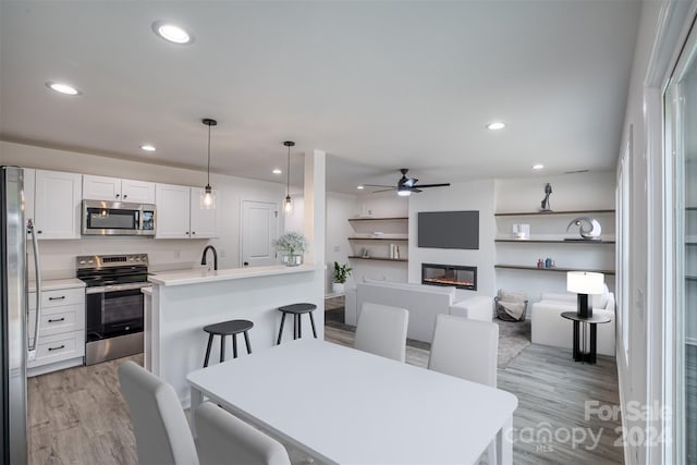 dining area featuring ceiling fan, light hardwood / wood-style flooring, and sink