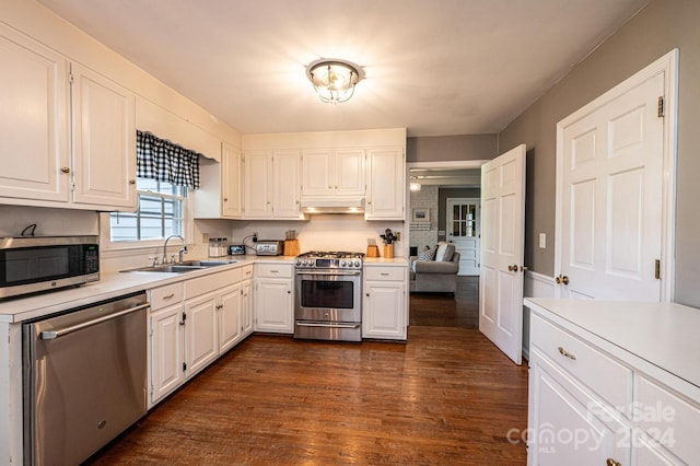 kitchen featuring white cabinets, appliances with stainless steel finishes, sink, and dark hardwood / wood-style flooring