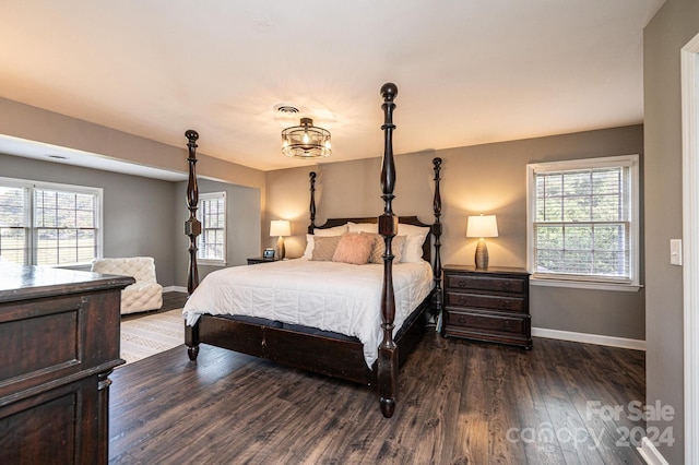 bedroom featuring multiple windows and dark hardwood / wood-style flooring