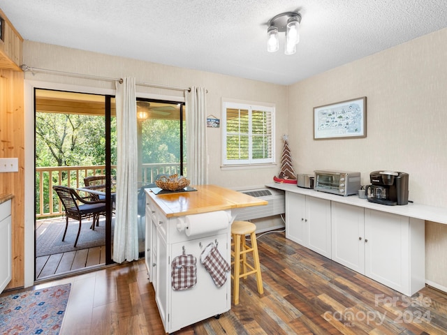 dining room featuring dark wood-type flooring, a textured ceiling, and a healthy amount of sunlight